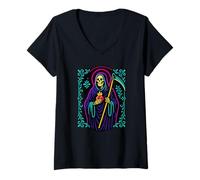 Donna Santa Muerte Fiamma Cuore Preghiera Sacra Arte Maglietta con Collo a V