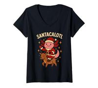 Donna Santacalotl Santa Claus Cute Axolotl Snow Reindeer Christmas Maglietta con Collo a V