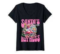 Donna Santa's Favorite Hot Mess Funny Flamingo Christmas Cocktail Maglietta con Collo a V