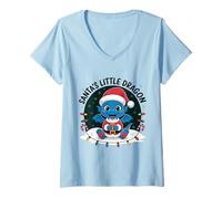 Donna Santa's Little Dragon - Natale con Simpatici Draghi Maglietta con Collo a V