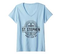 Donna Santo Stefano Prega per Noi Christian Martyr Line Art Maglietta con Collo a V