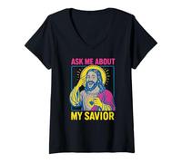 Donna Santo Umorismo Chiedimi del Mio Salvatore Fun Mens Christian Faith Maglietta con Collo a V