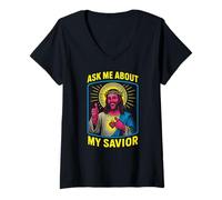 Donna Santo Umorismo Chiedimi del Mio Salvatore Fun Mens Christian Faith Maglietta con Collo a V