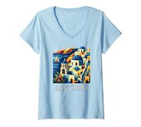 Donna Santorini Greece Souvenir Santorini Grecia Maglietta con Collo a V