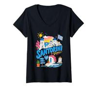 Donna Santorini, Isola Greca, Simpatico Souvenir di Viaggio Greco Maglietta con Collo a V