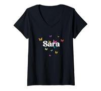 Donna SARA - Bellissimo nome di ragazza con farfalle colorate Maglietta con Collo a V