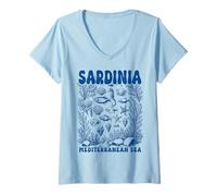 Donna Sardegna Italia Mar Mediterraneo Retro Ocean Sealife Shell Maglietta con Collo a V