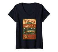 Donna Sardine Festival Vintage Mediterraneo Folk Art Vintage Maglietta con Collo a V