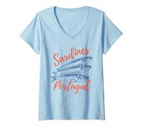 Donna Sardine portoghese può amante del pesce amante delle sardine Retro Vibes Maglietta con Collo a V
