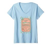 Donna Sardine Tinned Fish Retro Vintage Coastal Girl Ocean Summer Maglietta con Collo a V
