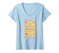 Donna Sardine Tinned Fish Retro Vintage Coastal Girl Ocean Summer Maglietta con Collo a V