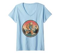 Donna Sasquatch Bigfoot Lacrosse Player Retro Tramonto Divertente Sport Maglietta con Collo a V