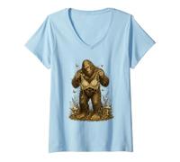 Donna Sasquatch botanico Vintage Scuro con Funghi e Felce Maglietta con Collo a V
