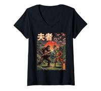 Donna Sasquatch vs Alien Samurai Arte Giapponese Sakura Bigfoot Maglietta con Collo a V