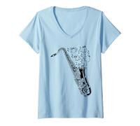 Donna Sassofono con Gatti Sassofono Giocatore Sassofonista Maglietta con Collo a V