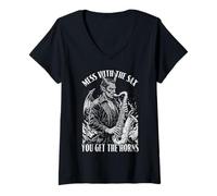 Donna Sassofono Sassofonista Mess con Sax Ottenere Corna Devil Music Maglietta con Collo a V