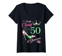 Donna Sassy Classy 50 And Glamorous 50th Birthday Rosa & Verde Maglietta con Collo a V