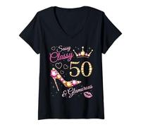 Donna Sassy Classy 50 E Glamour 50° Compleanno Cuori Tacco Alto Maglietta con Collo a V