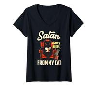 Donna SATAN TAKES NOTES FROM MY CAT Maglietta con Collo a V