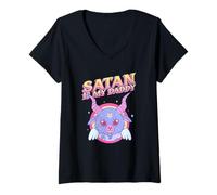 Donna Satana è Il Mio papà (Divertente Carino Piccolo Diavolo Grafico) Maglietta con Collo a V