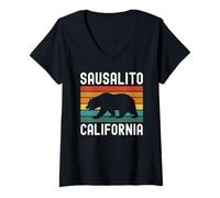 Donna Sausalito California Retro Tramonto Orso Viaggio Marin bay Area Maglietta con Collo a V