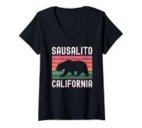 Donna Sausalito California Retro Tramonto Orso Viaggio Marin bay Area Maglietta con Collo a V