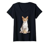 Donna Savannah Cat Acquerello Art Ritratto Felino Maglietta con Collo a V