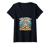 Donna Save a Turtle Don't Wear Preservativi Graphic - Divertente Umorismo per Adulti Maglietta con Collo a V