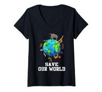 Donna Save Our World Animals Around The Earth Funny Earth Day Maglietta con Collo a V