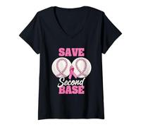 Donna Save Second 2nd Base Funny Baseball Breast Cancer Awareness Maglietta con Collo a V