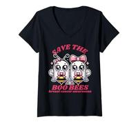 Donna Save The Boobees Carino Donne Boo Bee Halloween Cancro al Seno Maglietta con Collo a V