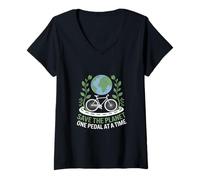 Donna Save the Planet One Pedal at a Time Bike Pendolarismo Maglietta con Collo a V
