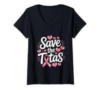 Donna Save The Tatas - Nastro Rosa per la Lotta Contro Il Cancro al Seno Maglietta con Collo a V