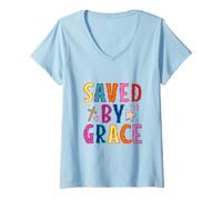 Donna Saved By Grace Christian Faith Croce Design Maglietta con Collo a V