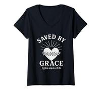Donna Saved By Grace Efesini 2:8 Corona di Spine Cristiana Maglietta con Collo a V