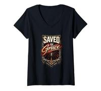 Donna Saved By Grace Ephesans 2:8 Christian Redemption Design Maglietta con Collo a V