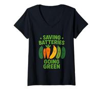 Donna Saving Batteries Going Green Verdure Divertenti Vegan Maglietta con Collo a V