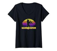 Donna Saxsquatch Sunset Retro Funky Bigfoot Playing Saxophone Tees Maglietta con Collo a V