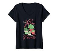 Donna Say Aloe To My Friends Succulent Design Maglietta con Collo a V