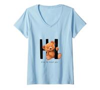 Donna Say Hi Nice to Meet You, Lovely Teddy Bear Graphic Designs Maglietta con Collo a V