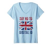 Donna Say No To Digital ID - Freedom & Conservative Grunge Flag UK Maglietta con Collo a V