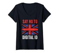 Donna Say No To Digital ID - Freedom & Conservative Grunge Flag UK Maglietta con Collo a V