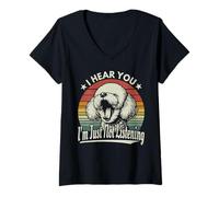 Donna Sbadiglio Bichon Frise I Hear You I'm Not Listening Tramonto Retro Maglietta con Collo a V