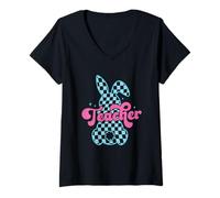 Donna Scacchiera Bunny Insegnante Pasqua Vibes Maglietta con Collo a V