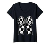 Donna Scacchiera Scacchiera Nero Bianco Modello Ragazza Coquette Bow Maglietta con Collo a V