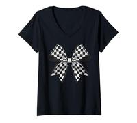 Donna Scacchiera Scacchiera Nero Bianco Modello Ragazza Coquette Bow Maglietta con Collo a V