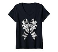 Donna Scacchiera Scacchiera Nero Bianco Modello Ragazza Coquette Bow Maglietta con Collo a V