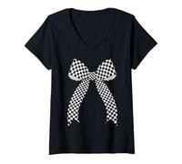 Donna Scacchiera Scacchiera Nero Bianco Modello Ragazza Coquette Bow Maglietta con Collo a V