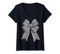 Donna Scacchiera Scacchiera Nero Bianco Modello Ragazza Coquette Bow Maglietta con Collo a V