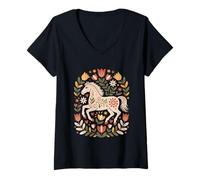 Donna Scandinavo Folk Art Cavallo Floreale Boho Equestre Cottageco Maglietta con Collo a V